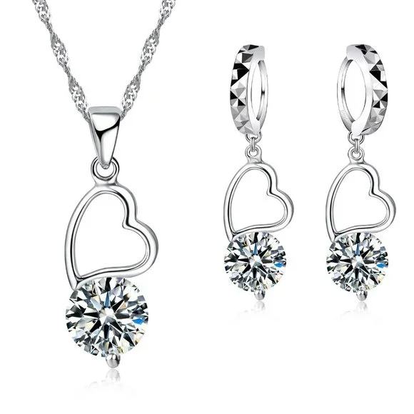 NEW ❤️ Cute Drop Heart 925 Sterling Silver Bundle Necklace Earrings - Picture 1 of 4